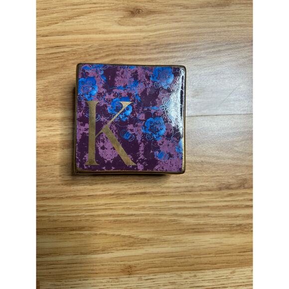 Anthropologie Initial K Porcelain Square Trinket Box Blue & Purple W/ Gold Trim - Picture 1 of 7